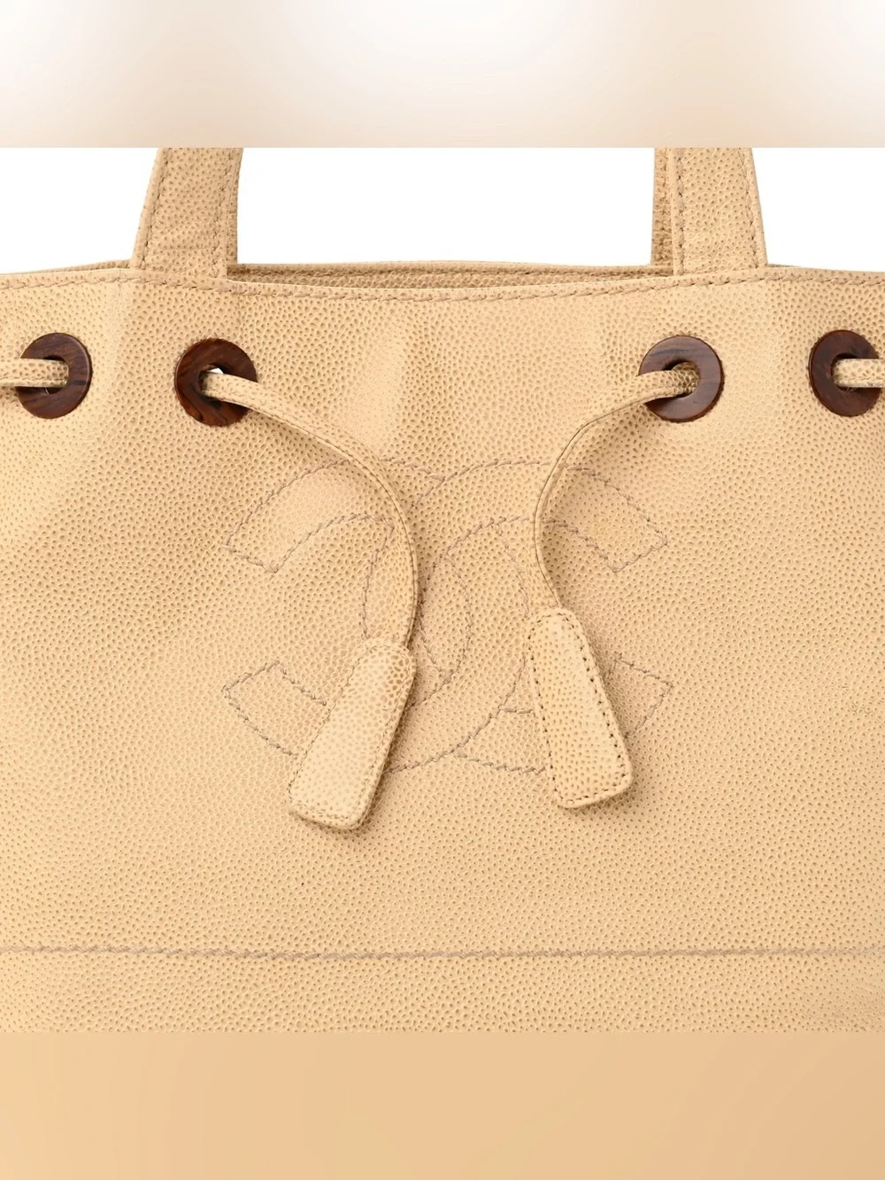Authentic CHANEL caviar leather wood CC mini drawstring bucket bag